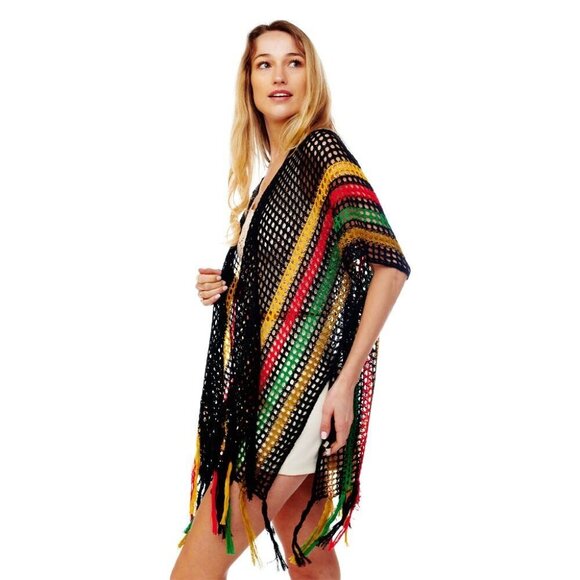 DIONA J MULTI COLOR STRIPE NET KIMONO ONE SIZE COLOR BLACK - Picture 2 of 2